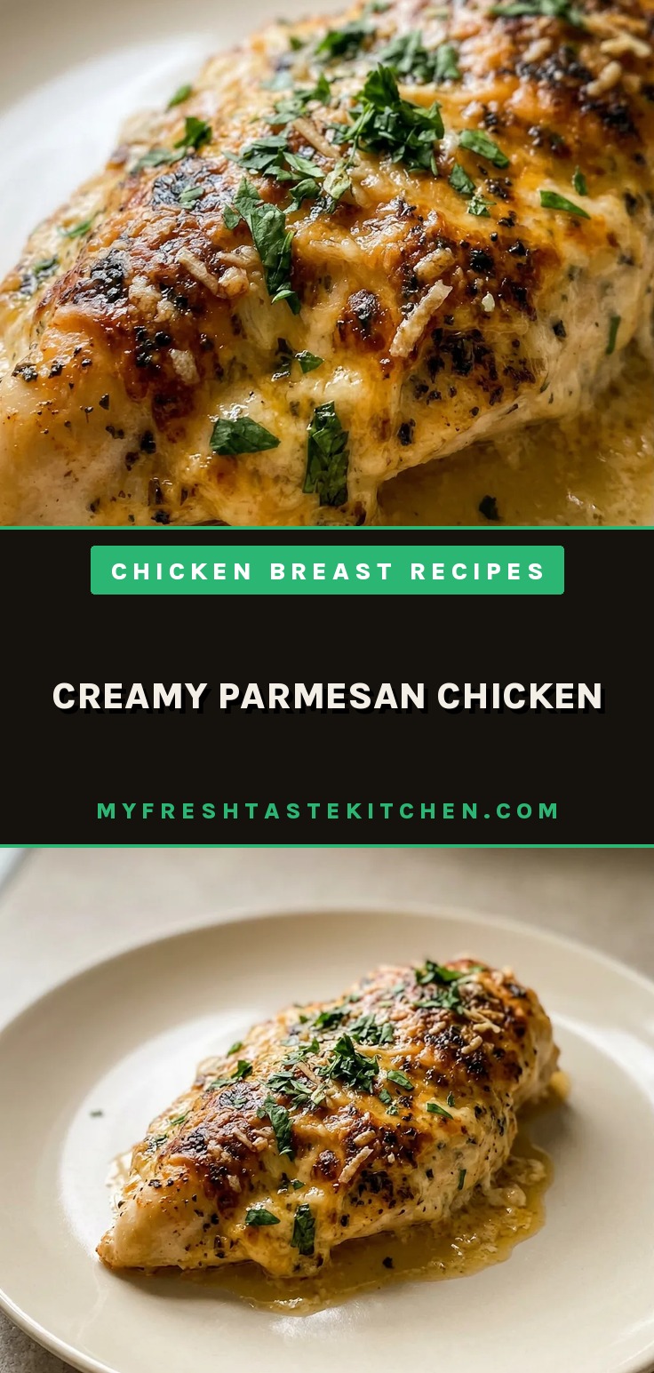 Top-down look at a round dish with a breaded chicken breast topped with melted Parmesan cheese and sprinkled with paprika and Italian seasoning.