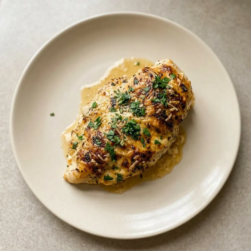 A serving of a single chicken breast coated in a creamy Parmesan and mayonnaise mixture, seasoned with garlic, onion, Italian herbs, and paprika.