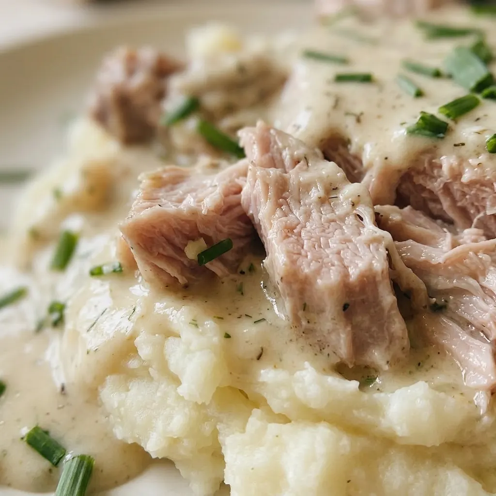Macro detail of a pork chop edge with creamy sauce clinging, showing bits of cream cheese and ranch seasoning.