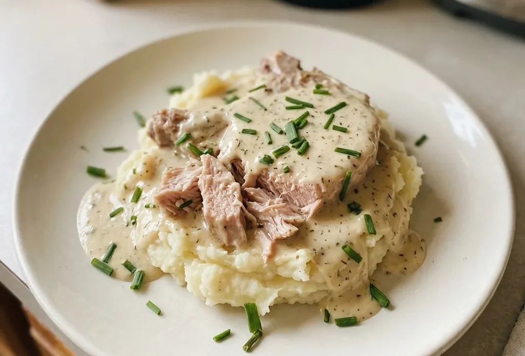 Top-down look at two pork chops in creamy sauce with visible ranch seasoning specks and melted butter pools.