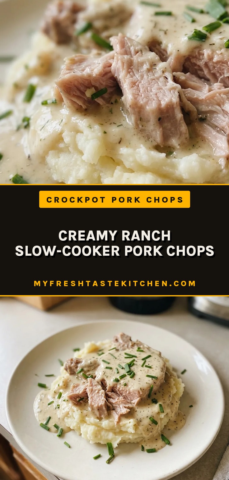 Top-down look at two pork chops in creamy sauce with visible ranch seasoning specks and melted butter pools.