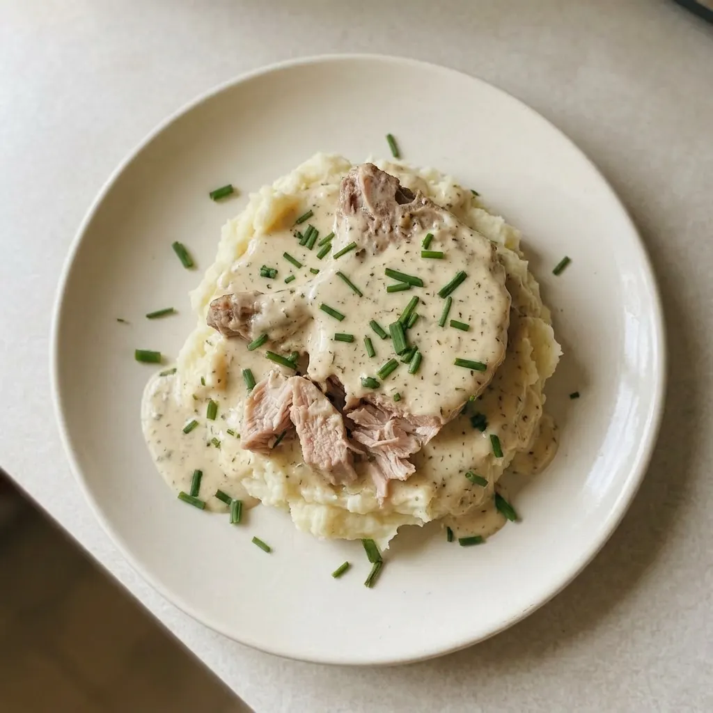 A serving of pork chops coated in thick ranch cream sauce with visible cream cheese swirls and butter gloss.