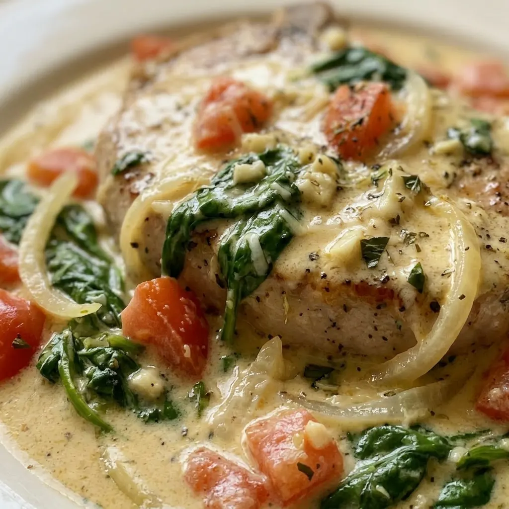 Up close, a pork chop topped with creamy sauce, spinach, tomatoes, and Parmesan.