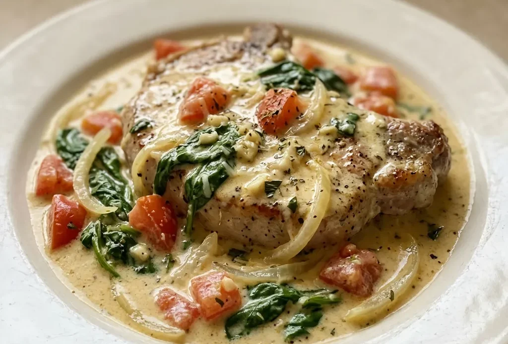 Looking down at pork chops in creamy sauce with spinach, tomatoes, and Parmesan.