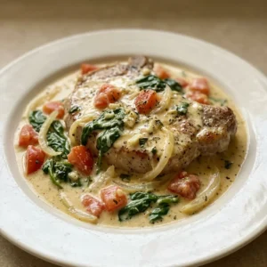 Looking down at pork chops in creamy sauce with spinach, tomatoes, and Parmesan.