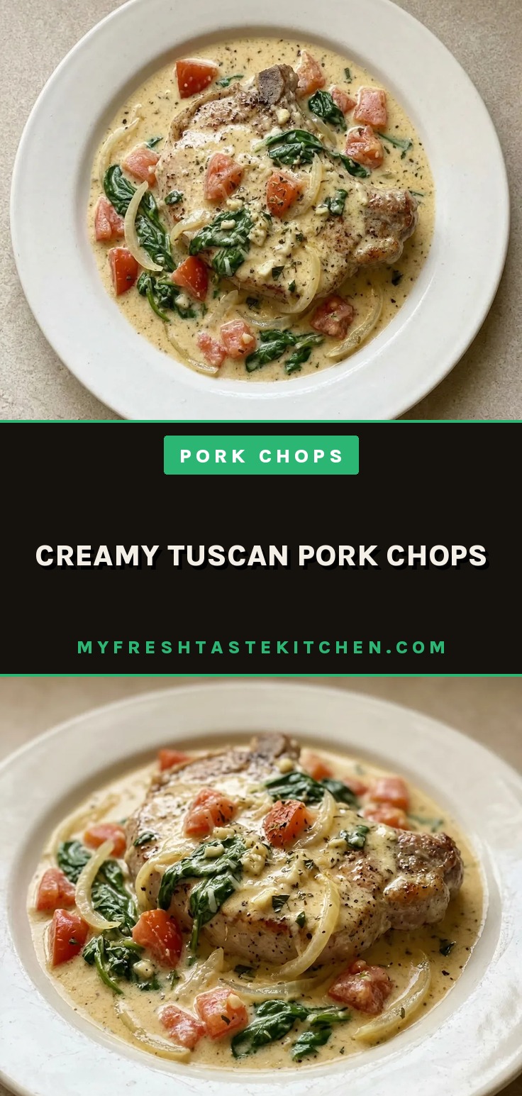 Looking down at pork chops in creamy sauce with spinach, tomatoes, and Parmesan.