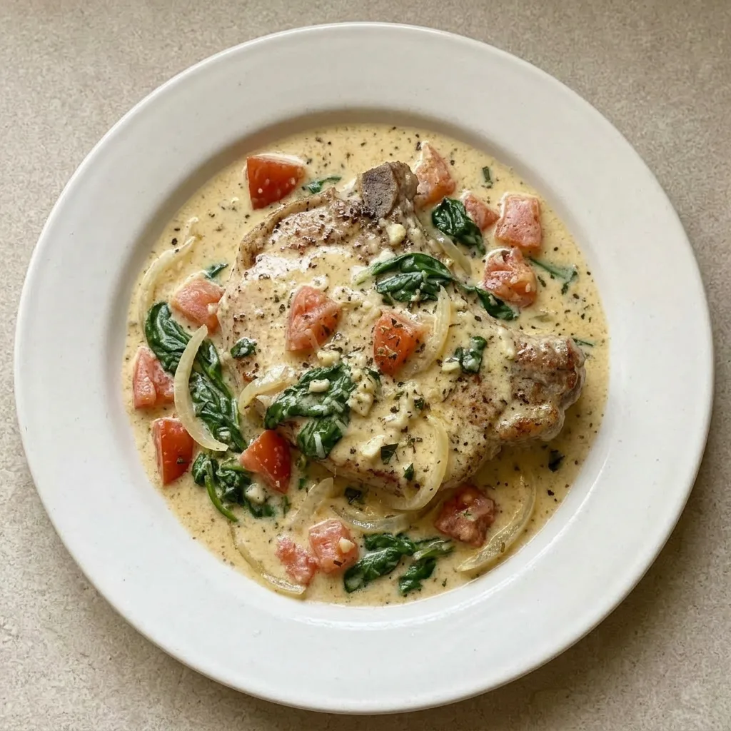 A plate of pork chops with creamy sauce, spinach, tomatoes, and Parmesan.