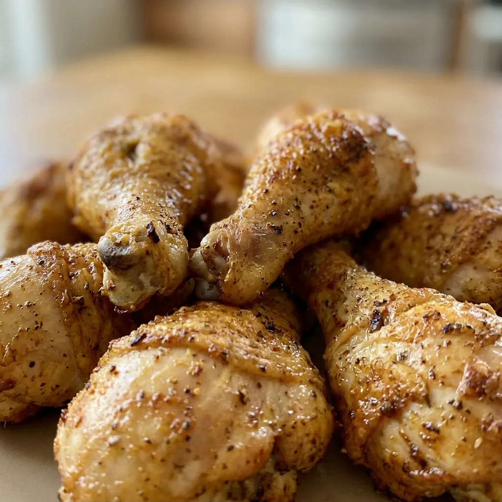 Macro detail of a single drumstick with golden-brown crispy skin, showing garlic and onion powder seasoning, and a slight cayenne pepper red hue.