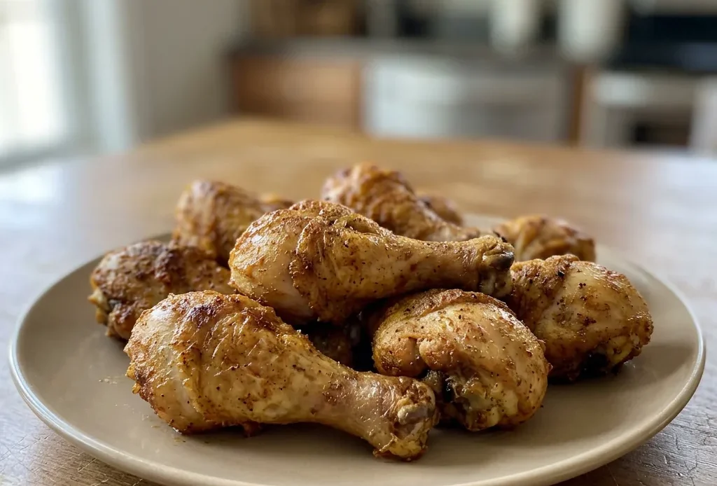 Top-down look at three crispy chicken drumsticks arranged in a circle, seasoned with visible paprika and black pepper specks.
