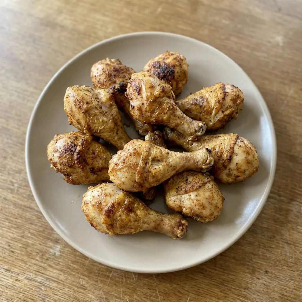 A serving of four chicken drumsticks with crispy paprika-seasoned skin and visible salt and pepper flakes.