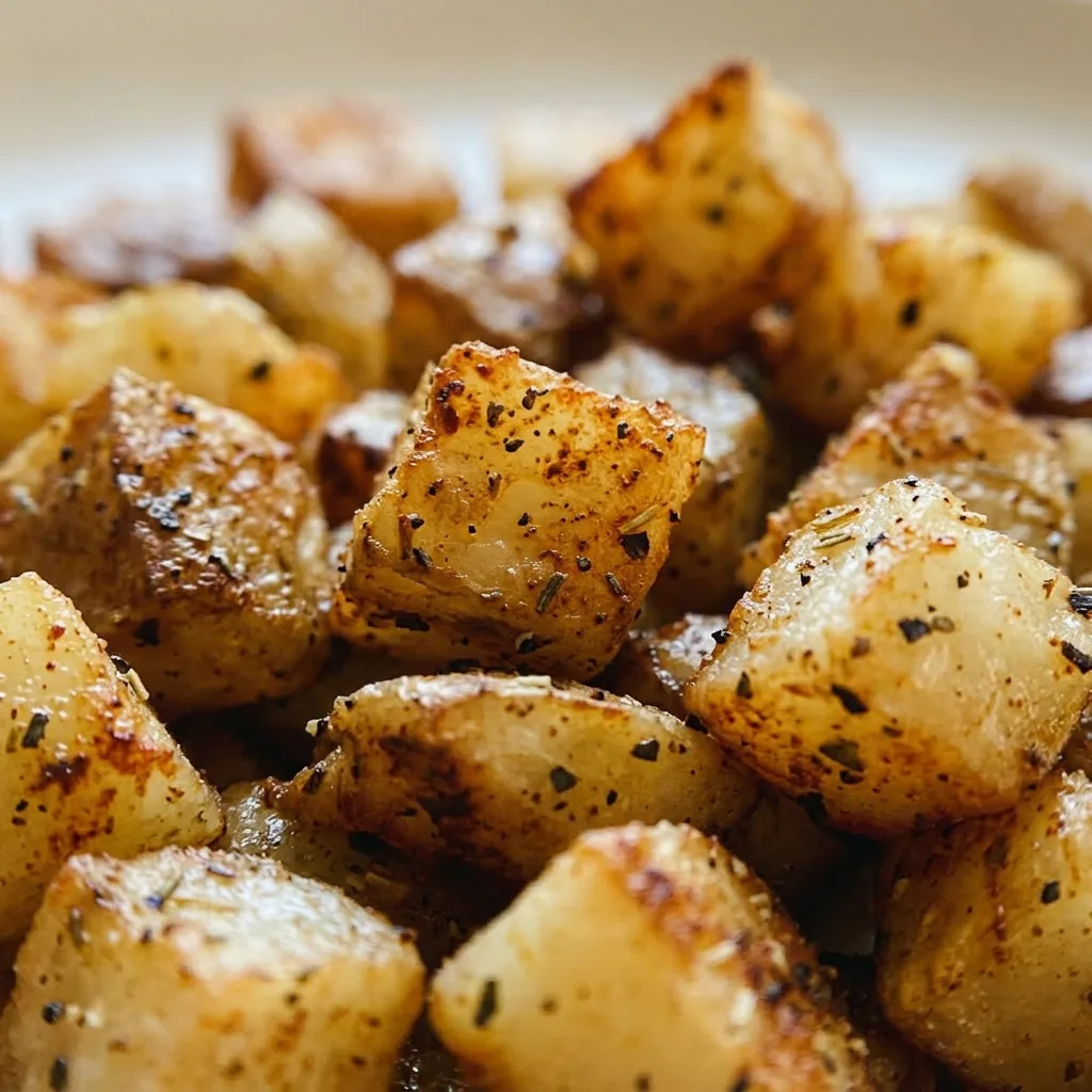 Up close, crispy-edged russet potato pieces show a golden crust with visible garlic powder, onion powder, and dried herb flecks.