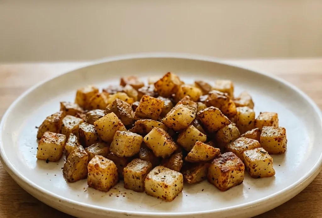 Looking down at golden-brown potato cubes with dark speckles from paprika and herbs, scattered with black pepper specks.