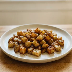Looking down at golden-brown potato cubes with dark speckles from paprika and herbs, scattered with black pepper specks.