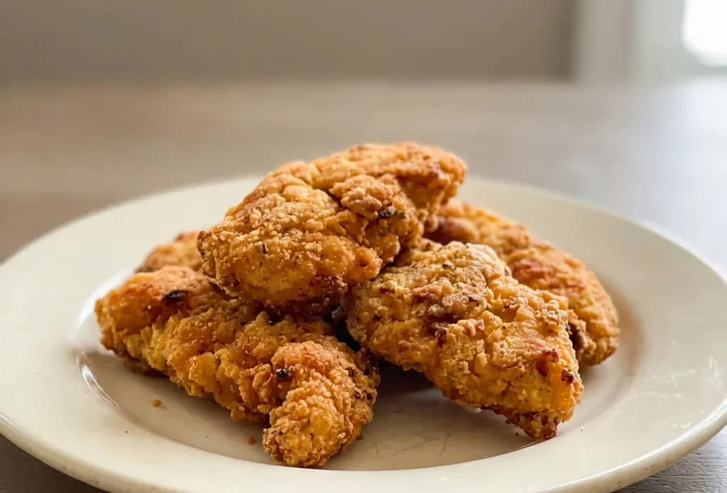 Bird's-eye view of three crispy chicken pieces with paprika-flecked breading on a dark surface.
