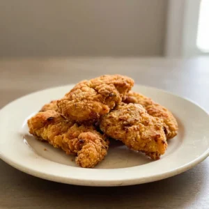 Bird's-eye view of three crispy chicken pieces with paprika-flecked breading on a dark surface.