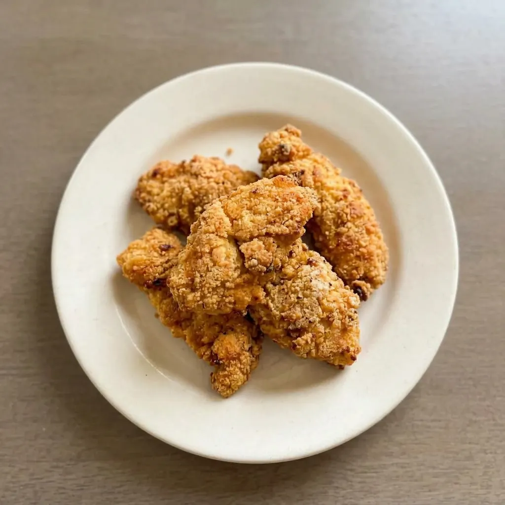 Ready to serve: two drumsticks and a breast piece with buttermilk-soaked breading.