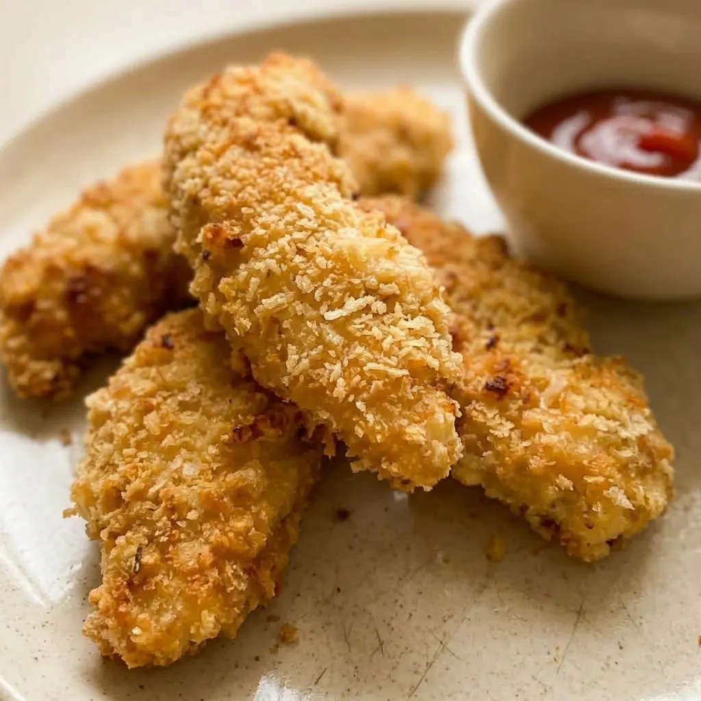 Up close, a crispy chicken tender shows a golden-brown breadcrumb coating with visible Parmesan bits and garlic powder flecks.