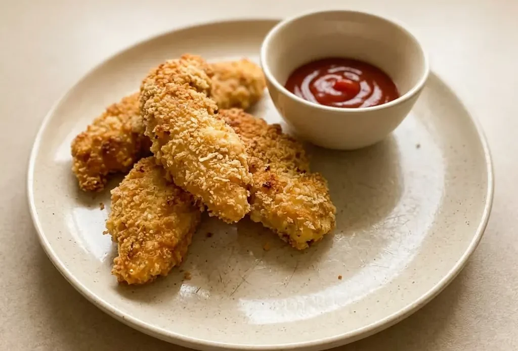 Looking down at three golden breaded chicken tenders with Parmesan and garlic powder specks, arranged in a row.