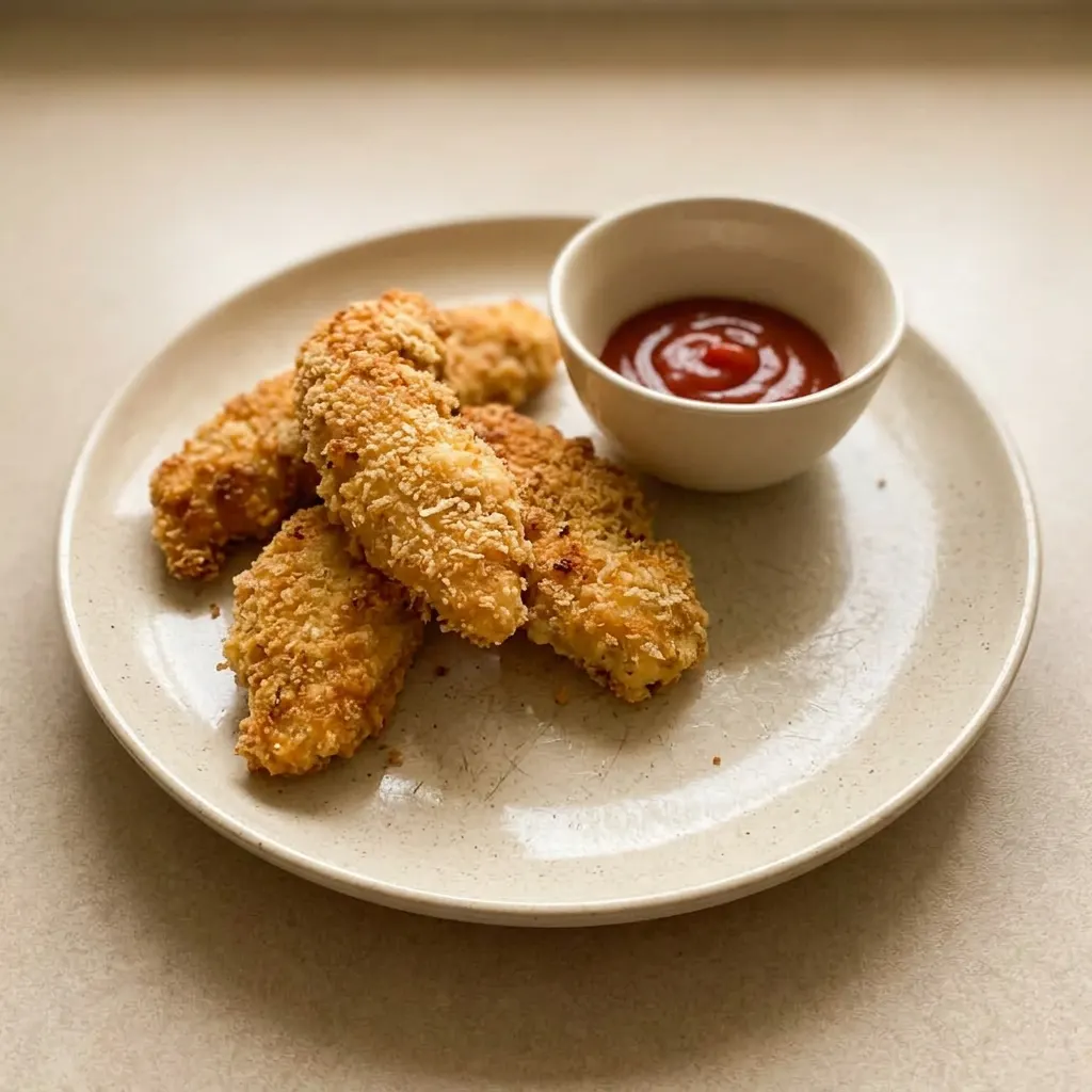 Looking down at three golden breaded chicken tenders with Parmesan and garlic powder specks, arranged in a row.
