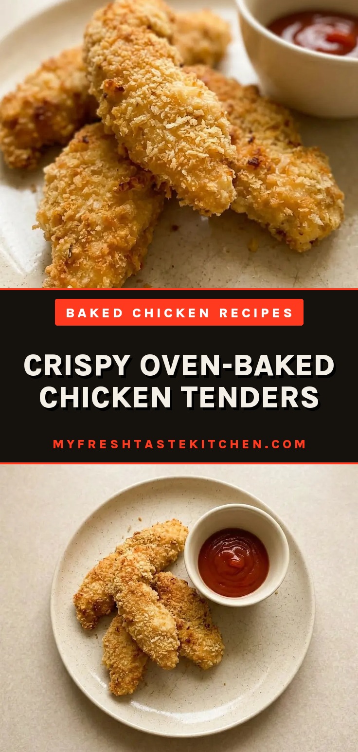 Looking down at three golden breaded chicken tenders with Parmesan and garlic powder specks, arranged in a row.