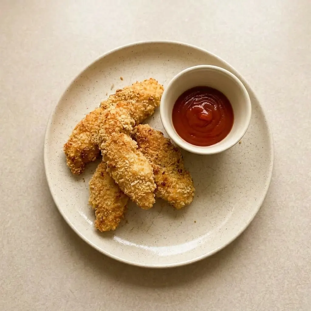 A plate of breaded chicken tenders with Parmesan and garlic powder, served in a casual arrangement.
