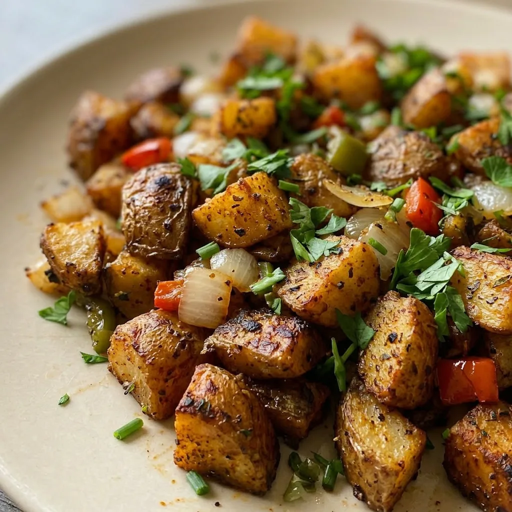 Up close, a heap of browned potato chunks with charred edges, topped with sautéed red bell pepper and onion, and speckled with paprika and garlic.