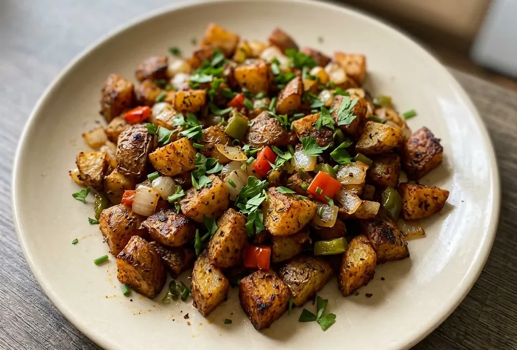 Looking down at a bed of crispy golden potato cubes scattered with red bell pepper strips, translucent onion slivers, and dark garlic bits, all flecked with paprika.