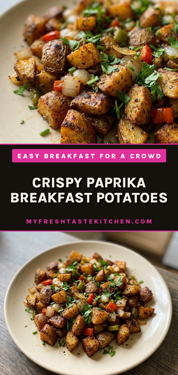 Crispy paprika breakfast potatoes with onion, garlic, bell pepper, and paprika in a skillet.