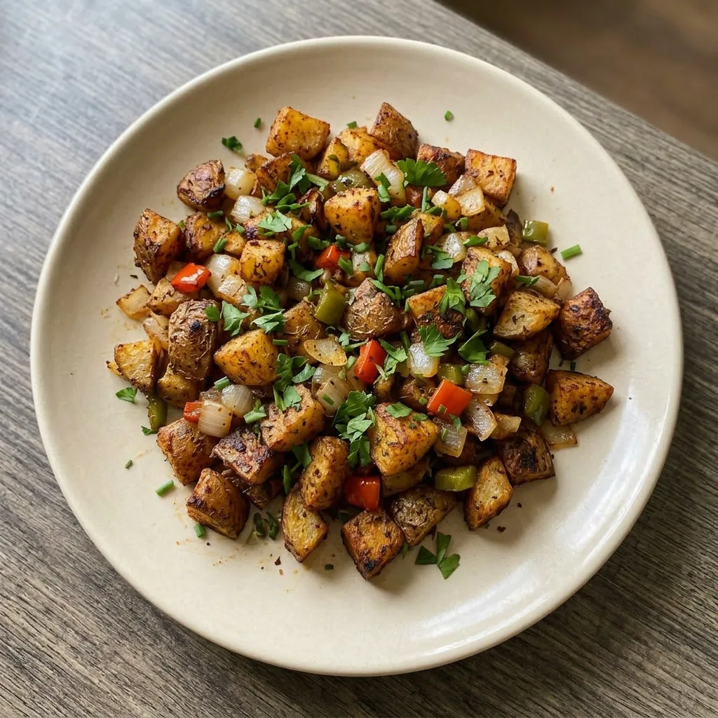 A plate of paprika-dusted potato cubes mixed with caramelized onion, red bell pepper, and garlic, some potatoes showing crispy crusts.
