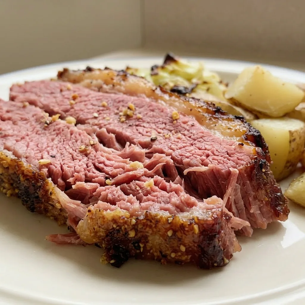 Zoomed in on a slice of corned beef with visible black pepper and a bay leaf, shot from a low angle.