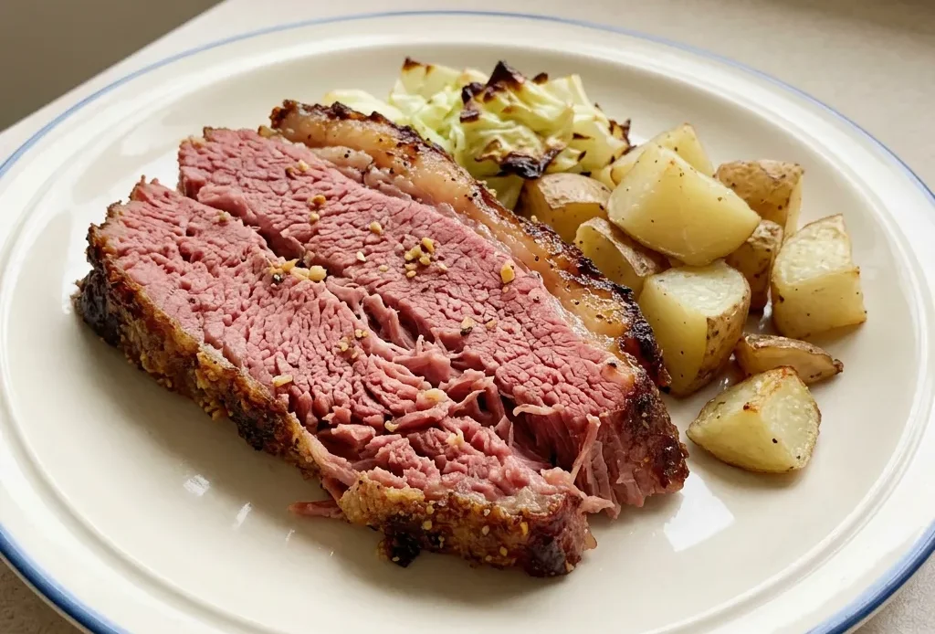 Bird's-eye view of sliced corned beef on a platter, garnished with cracked black pepper and whole garlic cloves.