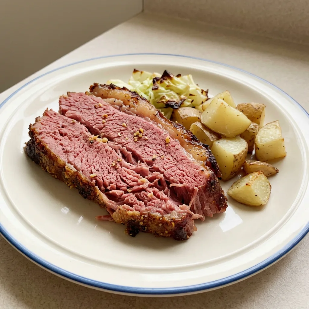 Bird's-eye view of sliced corned beef on a platter, garnished with cracked black pepper and whole garlic cloves.