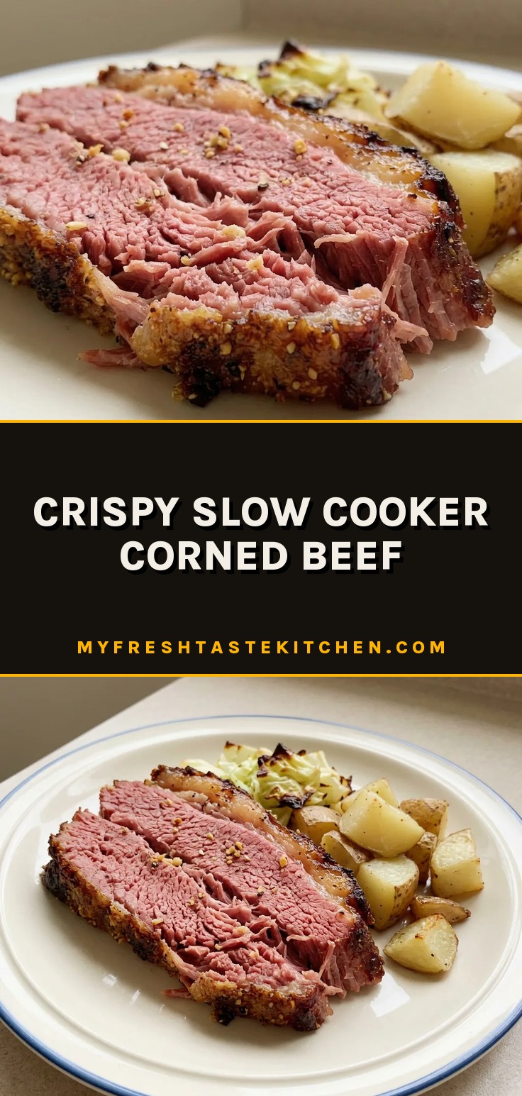 Bird's-eye view of sliced corned beef on a platter, garnished with cracked black pepper and whole garlic cloves.