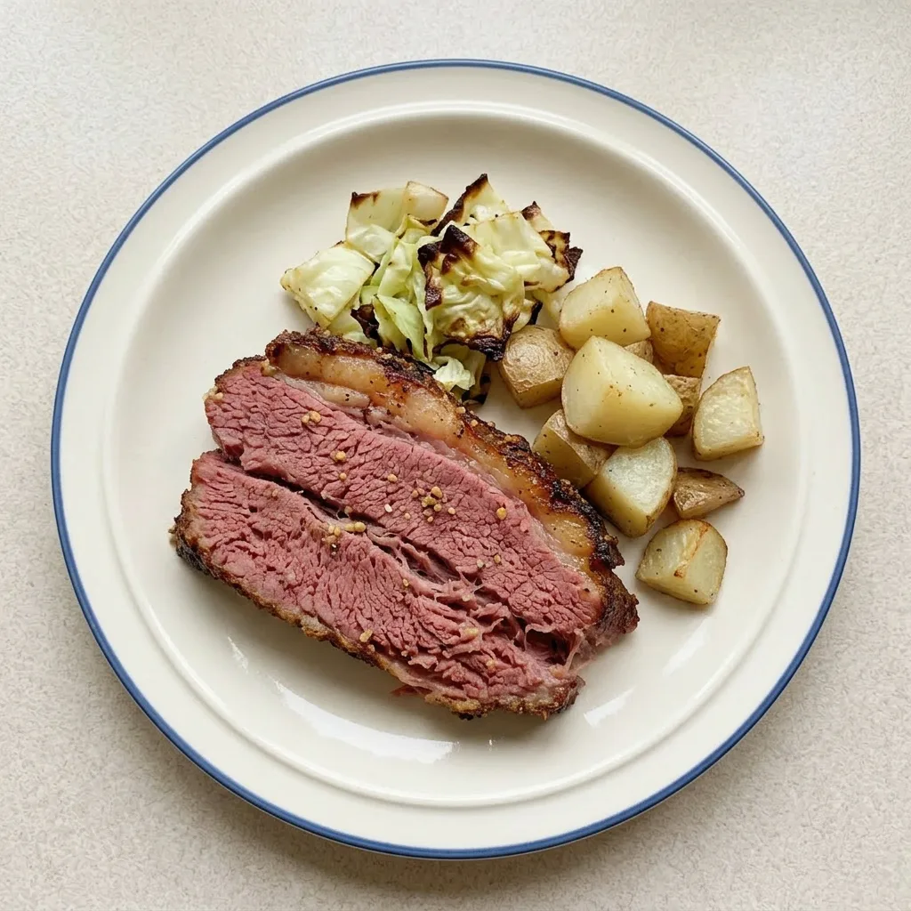 Ready to serve: corned beef slices drizzled with apple cider vinegar, topped with bay leaf and black pepper.