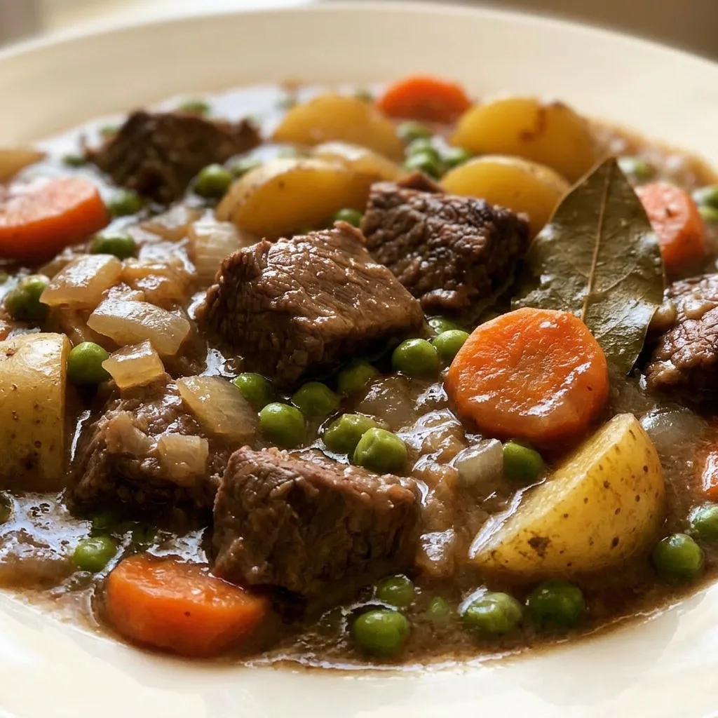 Close view of a spoonful of beef stew showing tender beef, carrot slices, potato cubes, and green peas in thick gravy.
