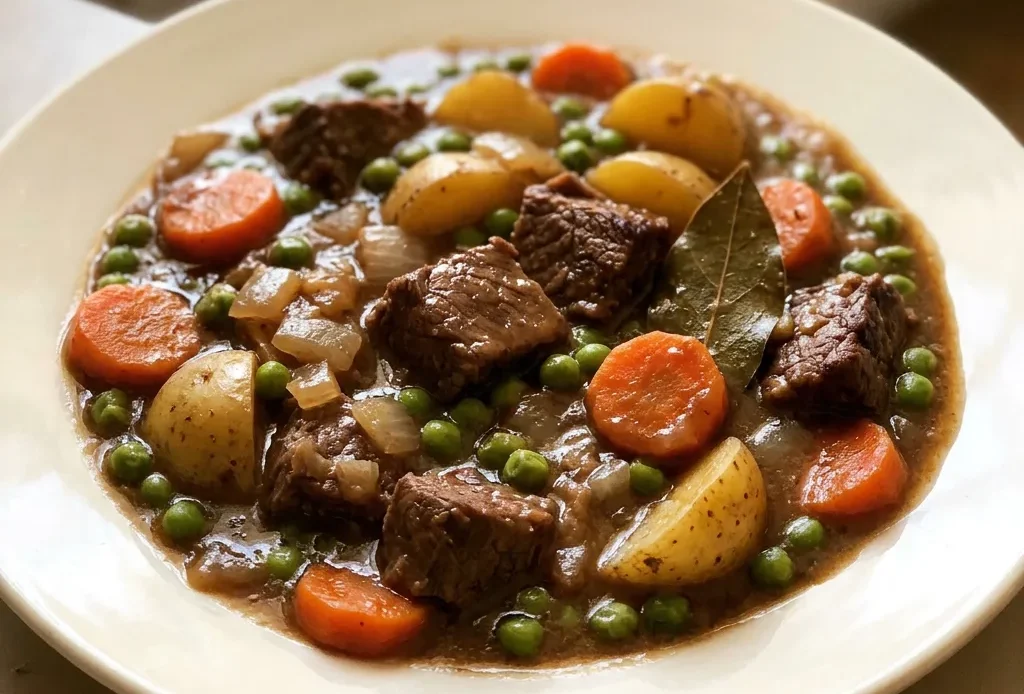 Overhead shot of a bowl of beef stew with large chunks of beef, carrots, and potatoes in a brown broth, garnished with peas and chopped onion.