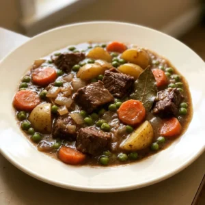 Overhead shot of a bowl of beef stew with large chunks of beef, carrots, and potatoes in a brown broth, garnished with peas and chopped onion.