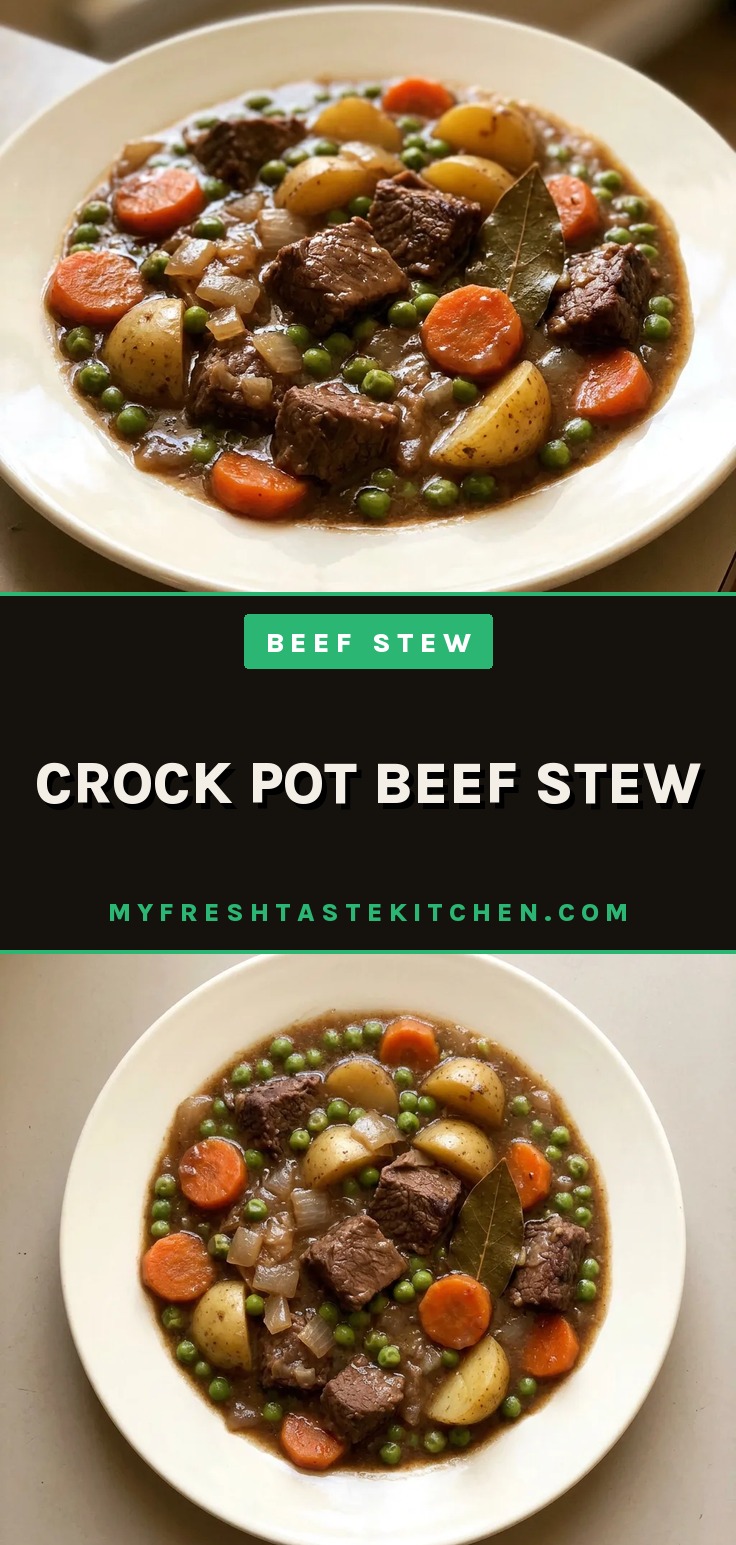 Crock pot beef stew with carrots and potatoes in a rich broth, a hearty beef stew with visible chunks of beef and vegetables.