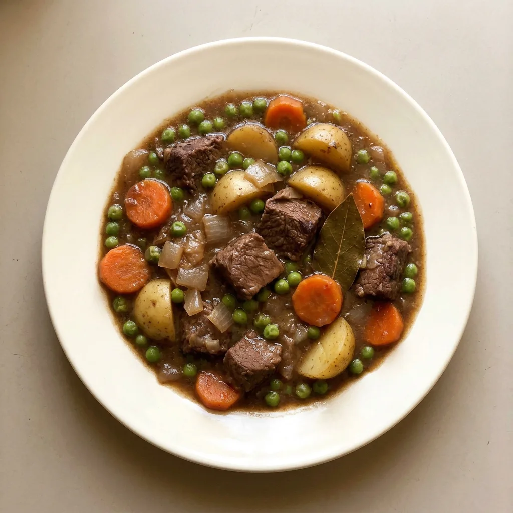 Plated beef stew with beef, carrots, potatoes, and peas in a rich broth, topped with fresh parsley.