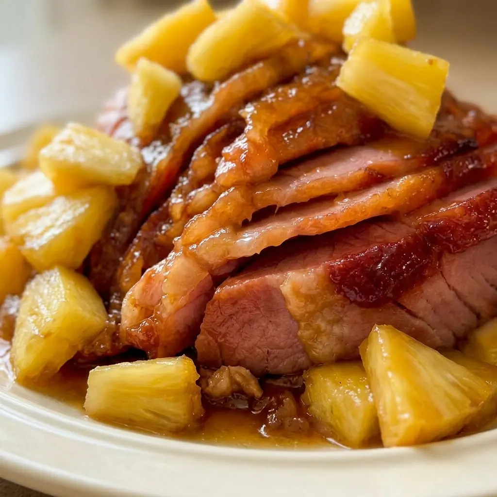 Up close, a thick slice of ham with caramelized brown sugar crust, a pineapple ring, and honey glaze.