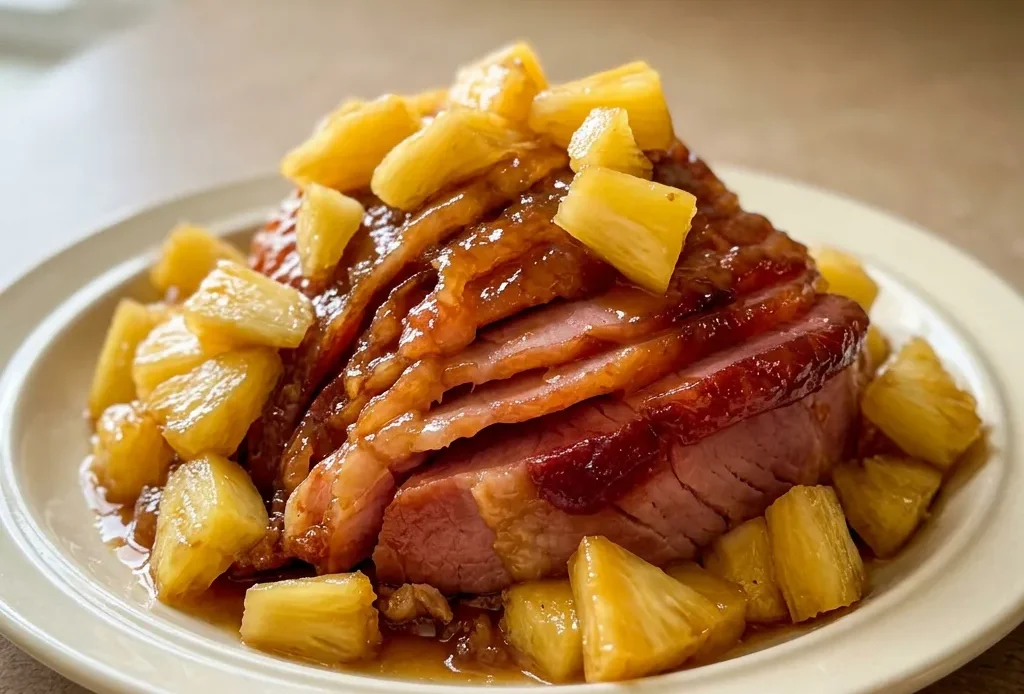 Looking down at a sliced ham glazed with brown sugar and pineapple, topped with pineapple rings and drizzled with honey.