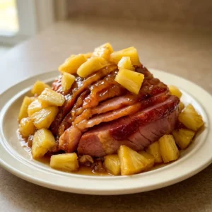 Looking down at a sliced ham glazed with brown sugar and pineapple, topped with pineapple rings and drizzled with honey.