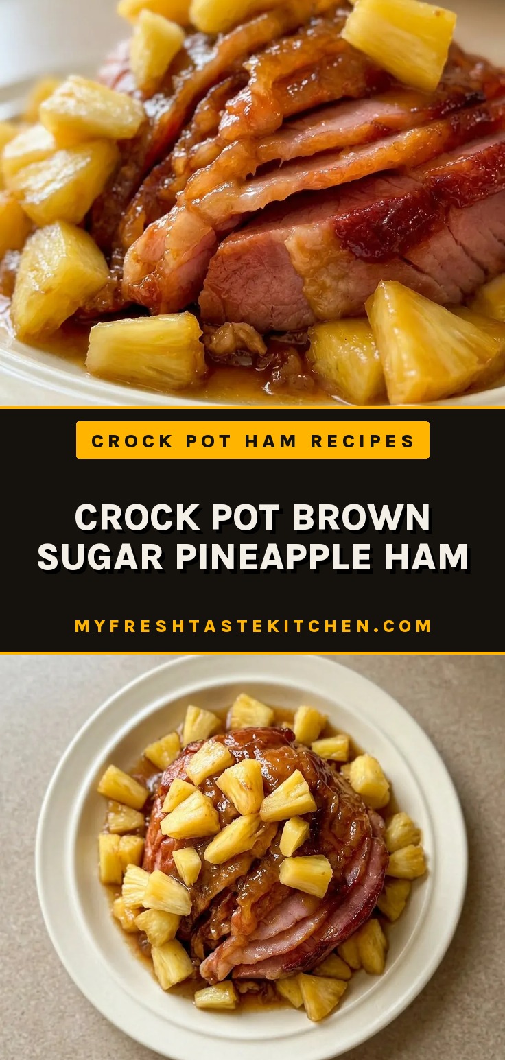Looking down at a sliced ham glazed with brown sugar and pineapple, topped with pineapple rings and drizzled with honey.