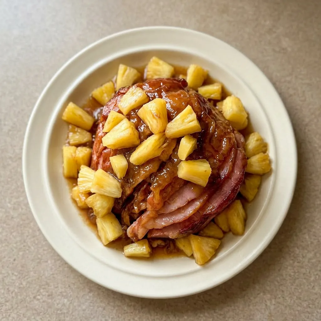 A plate of sliced ham covered in brown sugar and pineapple glaze, garnished with pineapple rings and honey.
