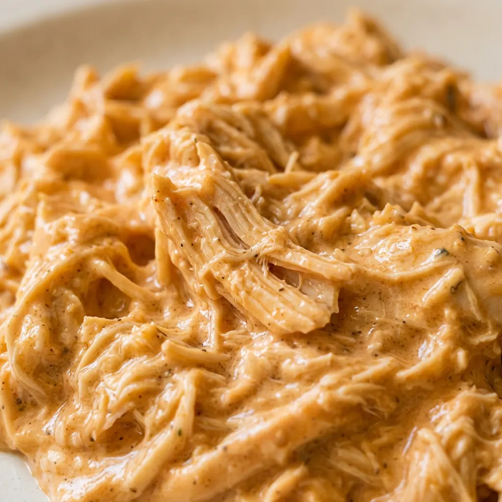Zoomed in on a forkful of shredded chicken with visible buffalo sauce and a dollop of sour cream.