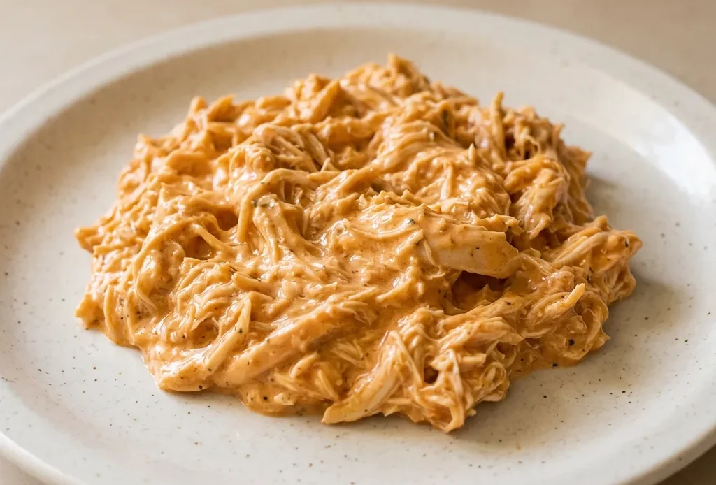 Bird's-eye view of shredded chicken coated in orange buffalo sauce with white ranch dressing drizzled on top.