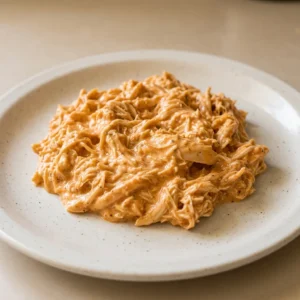 Bird's-eye view of shredded chicken coated in orange buffalo sauce with white ranch dressing drizzled on top.