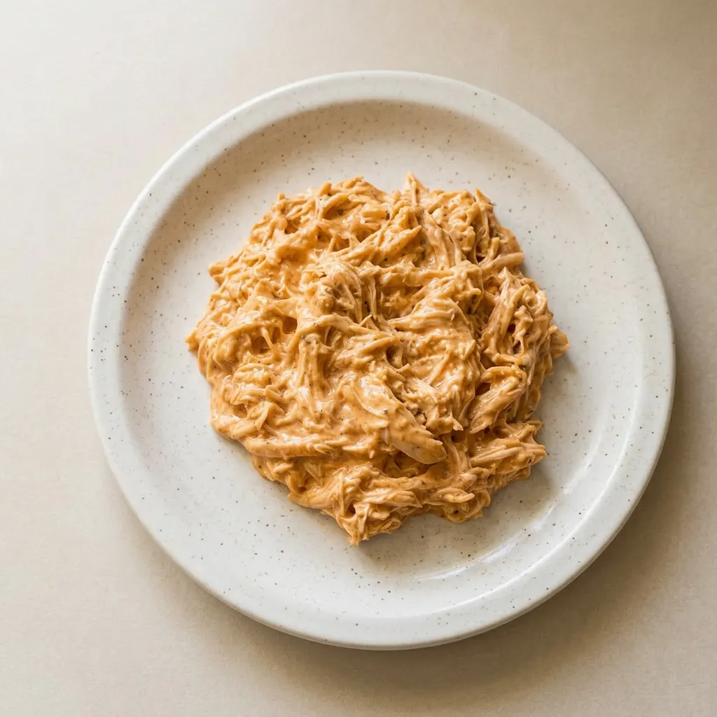 Ready to serve: shredded chicken in buffalo sauce with ranch dressing and sour cream, garnished with a pat of butter.