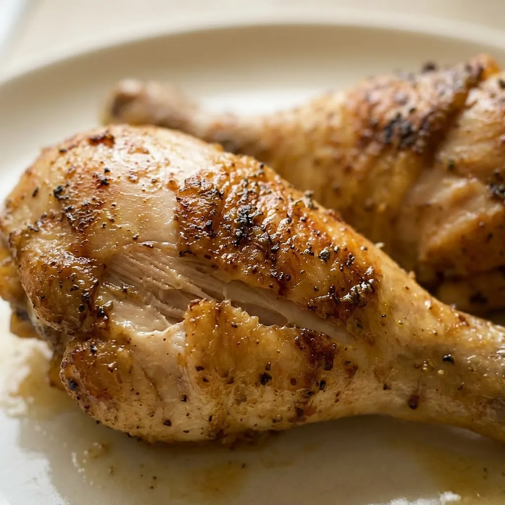 Macro detail of chicken leg with crispy skin, visible black pepper and paprika specks, and a light oil sheen.