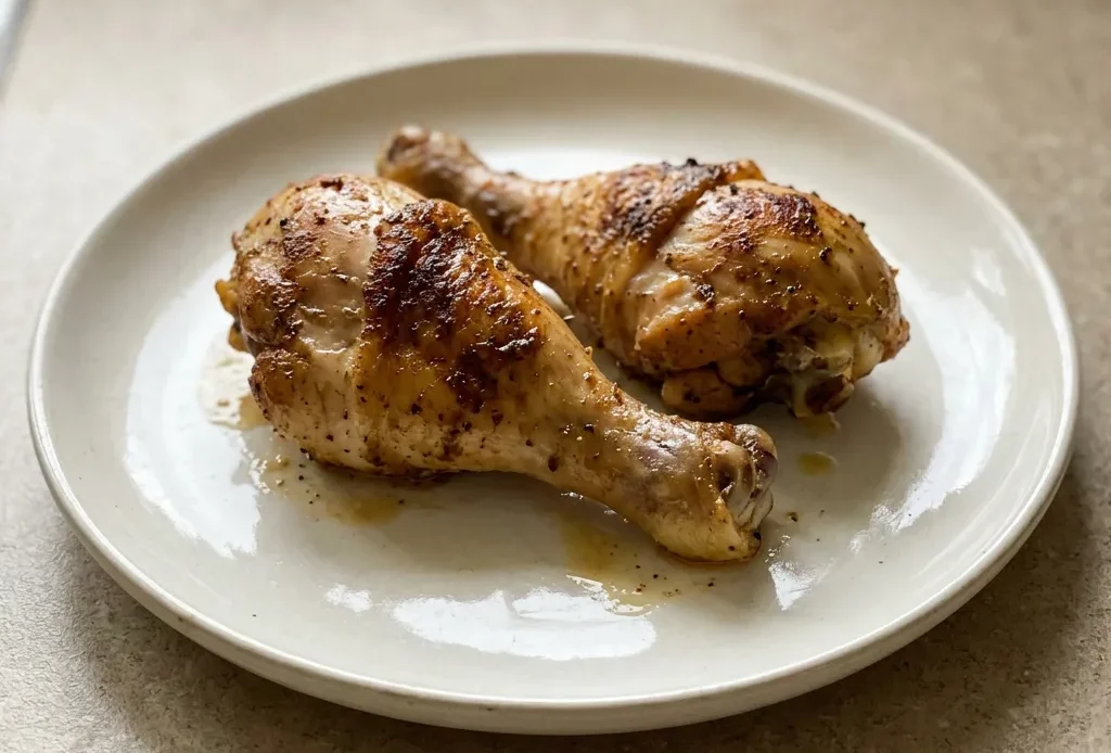 Top-down look at chicken legs seasoned with salt, black pepper, garlic powder, paprika, and onion powder.